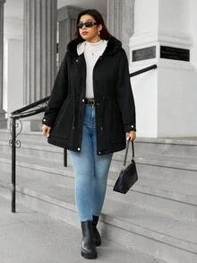 Easura Abrigo con capucha, cintura ceñida y manga larga + cuello desmontable de piel acolchado para tallas grandes