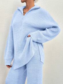 EURMUSE 2 piezas Conjunto casual de suéter de manga dolman de medio cuello alto de unicolor y pantalones de punto para mujer, otoño-invierno - Celeste - Ver 6