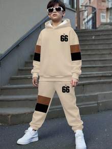 Tween-Jungen 2 Stücke Lässig Classic Farbblock Patchwork, Nummer 66 & König Text Grafik Muster Langarm Kapuzenpullover und Jogginghose Set, bequem für Herbst/Winter