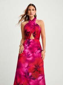 CAJUNI Floral Print Hollow Out Backless Elegant Sleeveless Dress - Red Violet - View 8