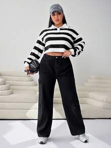 SHEIN EZwear 大碼條紋印花落肩袖Polo領運動衫 - 黑與白 - 查看 4