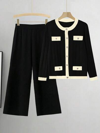 SHEIN LUNE Plus Size Women Colorblock Crew Neck Long Sleeve Knitted Cardigan And Knitted Pants Casual Suit, Autumn/Winter