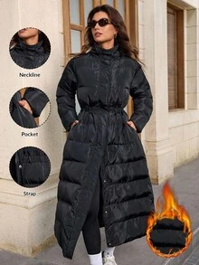 SHEIN Tall معطف أسود ماكسي مشدود الخصر مبطن للنساء في فصل الخريف والشتاء