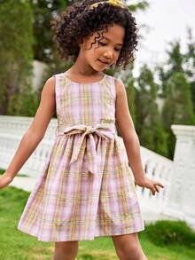 Joliand Joliand 1 Pc Young Girl Elegant Pink Plaid Sleeveless Dress,Summer Fairy Style,Matching Family Vacation Holiday Outing,Urban School Party Wedding Dresses - Multicolor - View 2