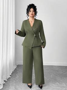 SHEIN Tall CURVE Bộ 2 món áo khoác tối giản thiết kế thắt cà vạt và quần ống đứng dáng rộng cho nữ cỡ lớn, trang phục công sở thanh lịch, trang trọng thường ngày khi đi làm - xanh quân đội - Xem 5