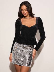 Enchnt Blusa elegante da donna con scollo a cuore con strass, balza in vita, autunnale