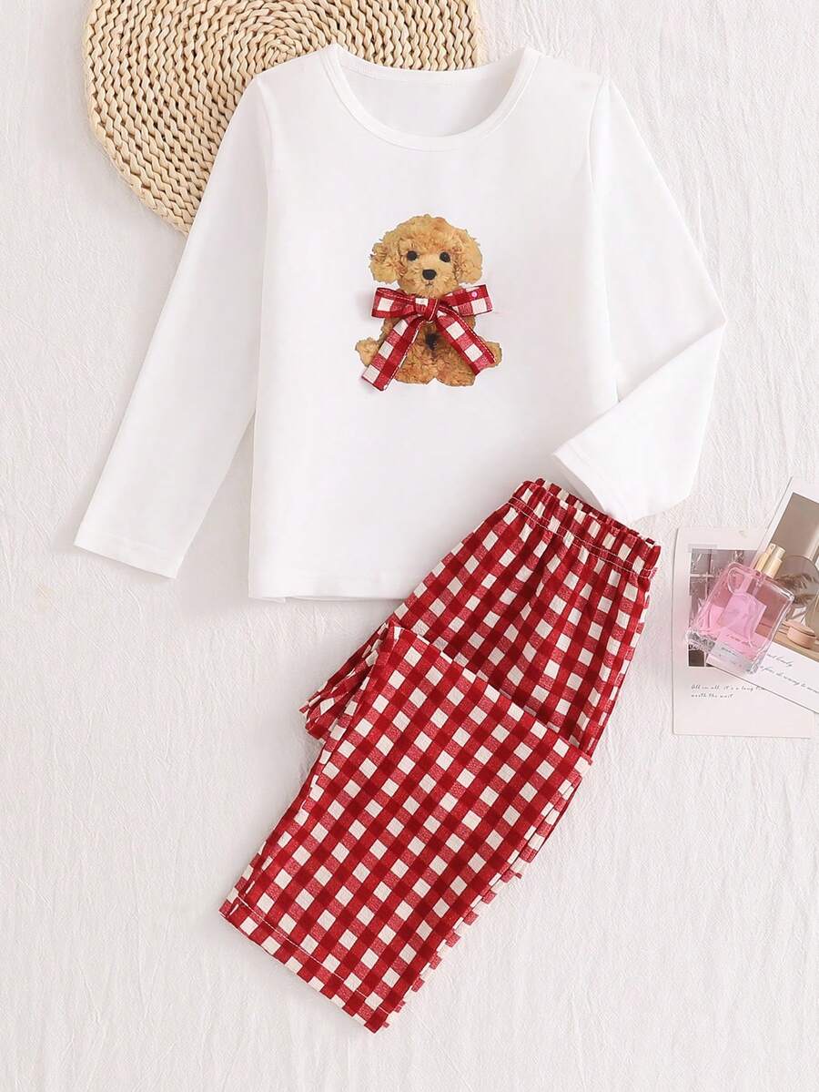 SHEIN Set de pijama de 2 piezas con top de manga larga y pantalones con estampado de perrito y lazo para niñas - Blanco - Ver 1