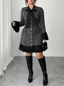 Elenzga Plus Size Women's Elegant Plaid Print Tie Collar Ruffle Sleeve Pleated Hem Belted Midi Dress, Autumn Fall - Black and White - View 7