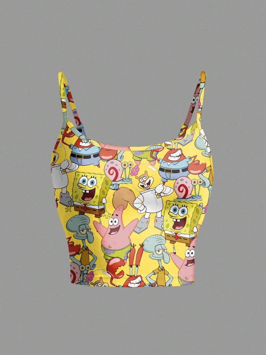 SpongeBob SquarePants | SHEIN Women Summer Allover Print Slim Fit Cami Top - White - View 1