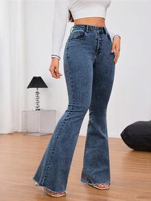 SHEIN Tall 女式休闲水洗修身喇叭牛仔裤 - 藍色 - 查看 4