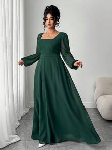 SHEIN Clasi Plus Size Women Square Neck Waist Cinched Long Sleeve Dress - Dark Green - View 5