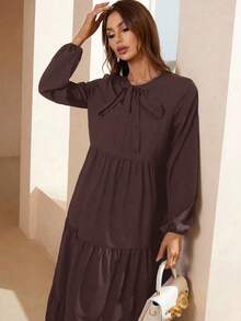 Mulvari Tie Neck Lantern Sleeve Ruffle Hem Dress Maxi Women Outfit - Coffee - View 4