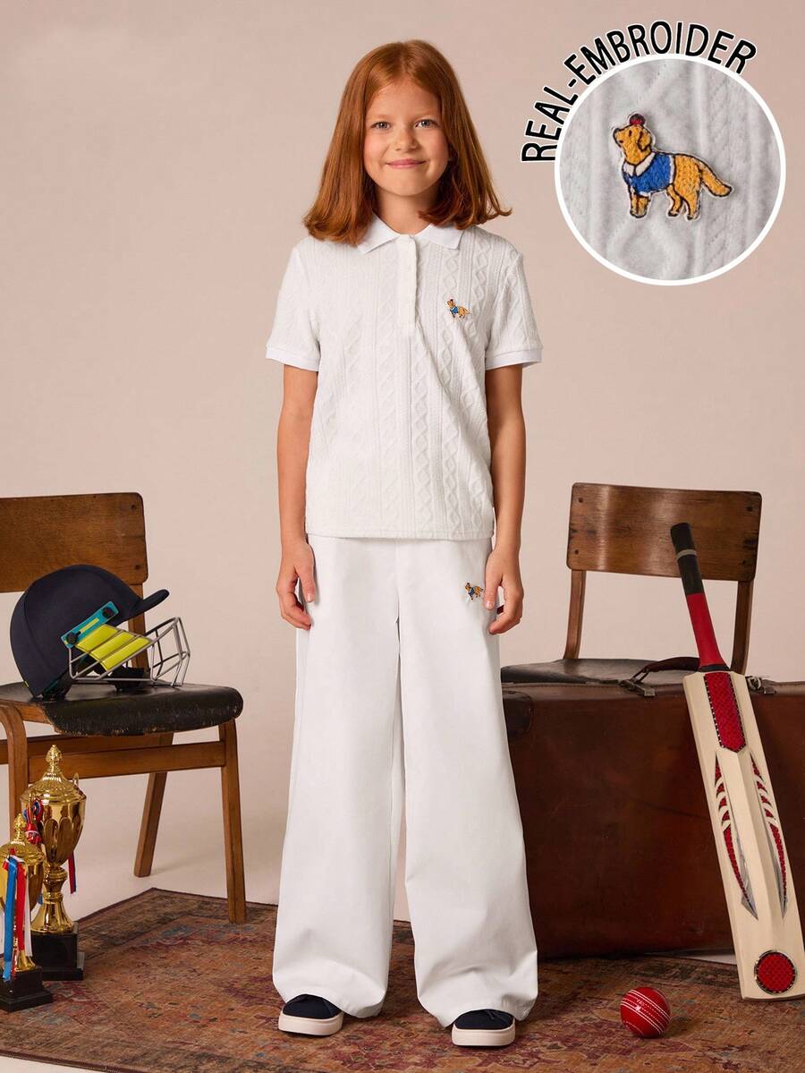 Joliand Joliand 2 pezzi set di camicia polo e pantaloni per ragazze adolescenti, elegante design urbano carino con decorazione a cagnolino, adatto per viaggi, raduni, ritorno a scuola, estate e autunno - Bianco - Visualizzare 1