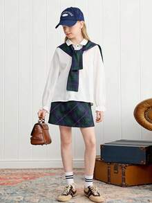 Joliand Joliand 2pcs Tween Girls Elegant College Style Set - White Puff Sleeve Collared Blouse And Green Plaid A-Line Skirt, With Green Plaid Shawl Included. Suitable For Outings, Gatherings, Back To School, Summer And Autumn Preppy Girl Clothes Preppy Tween Girls Sets School Girl Outfit For Women Plaid Skirt Outfit Girls School Uniform Teenage Vintage School Clothes Plaid Skirt Outfits Back To School  School  Clothes School Supplies Backtoschool ColorfulJoy Fall Winter - Multicolor - View 9