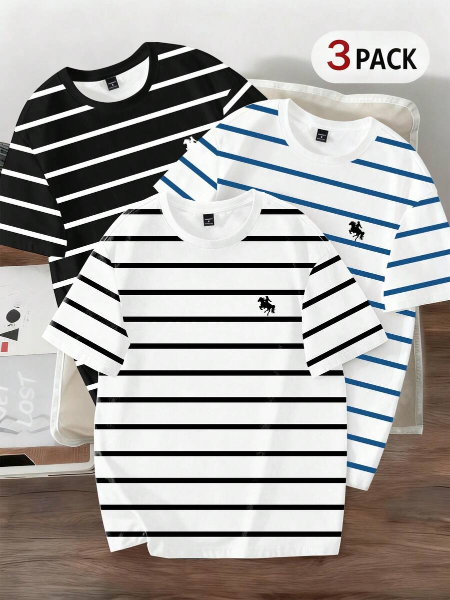Claim Dot 3 件经典条纹和马匹印花休闲 T 恤，时尚条纹印花 T 恤 3 件装男女通用 - 彩色 - 查看 1