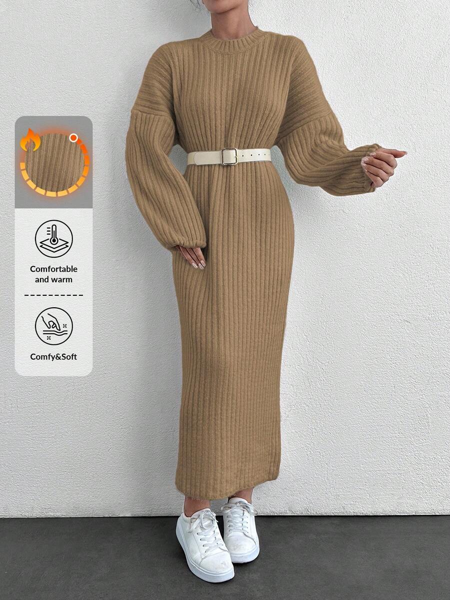 EURMUSE 女士纯色圆领长袖休闲长款针织毛衣连衣裙 - 駝色 - 查看 1