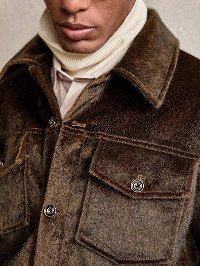  AKNOTIC Men's Retro Faux Fur Button Long Sleeve Shirt, Christmas Party, Business Casual, Autumn, Boyfriend Gift, Vintage