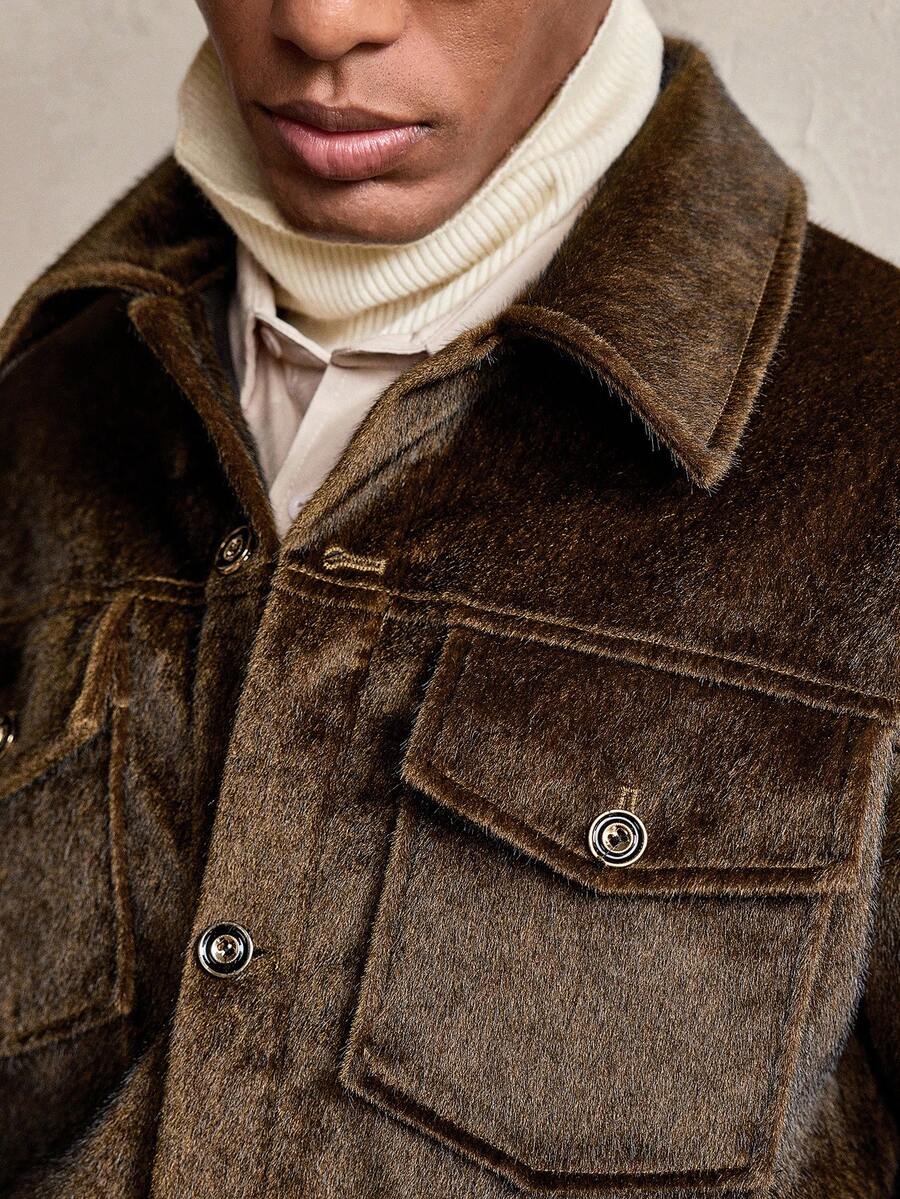 Business Casual AKNOTIC 男士复古仿皮草纽扣长袖衬衫，圣诞派对、商务休闲、秋季、男友礼物、复古 - 棕色 - 查看 1