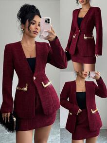 Elenzga 女装2025秋冬新款时尚优雅亮片装饰红色粗花呢套装两件套 - 酒紅色 - 查看 1