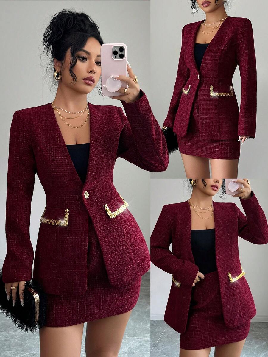 Elenzga 女装2025秋冬新款时尚优雅亮片装饰红色粗花呢套装两件套 - 酒紅色 - 查看 1