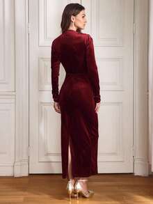 Louniche Women Elegant Velvet Asymmetric Ruffle Split Hem Dress Burgundy Maxi Women Outfit Fall Cloth For Women - Burgundy - View 2