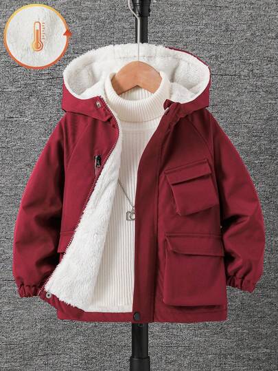 SHEIN 男童插肩袖实用口袋拉链连帽保暖外套，适合秋、春、冬季穿着。适合户外、上学和休闲穿着。