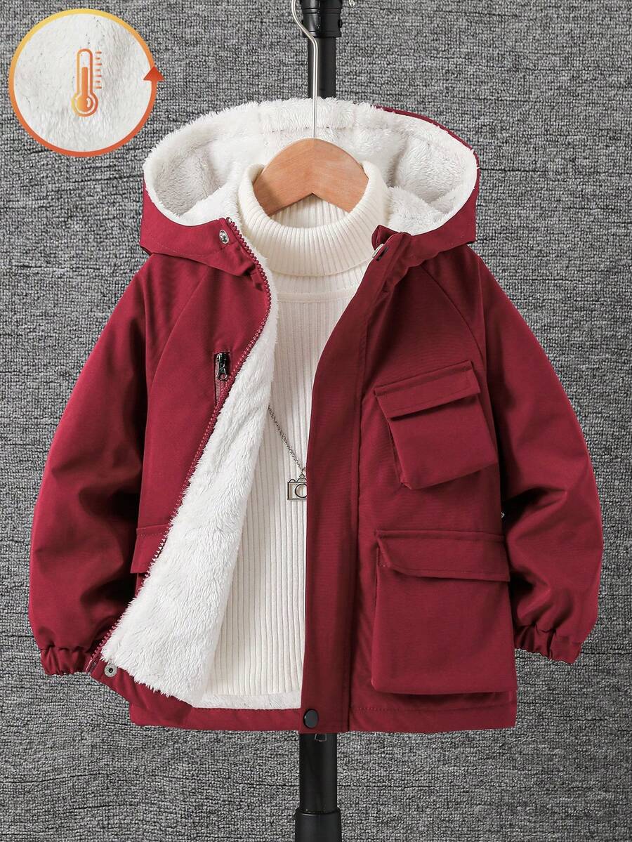 SHEIN 男童插肩袖实用口袋拉链连帽保暖外套，适合秋、春、冬季穿着。适合户外、上学和休闲穿着。 - 紅色 - 查看 1