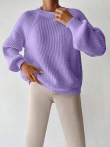 EURMUSE Áo len dệt kim cổ tròn dài tay đơn giản cho nữ - Màu Lilac Tím - Xem 3