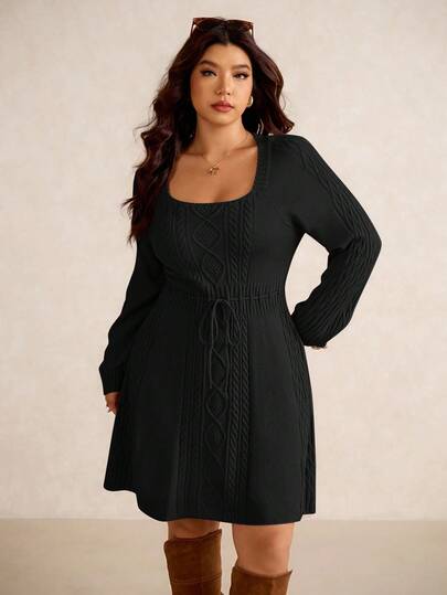 Elaquor Abito casual a maglia con maniche lunghe, motivo geometrico e cintura in vita, per taglie comode, adatto per autunno/inverno