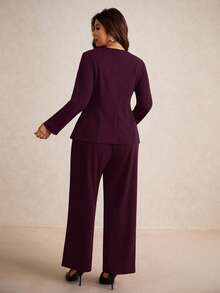 Elaquor Plus Size Black Metal Buckle Decor Long Sleeve Suit Set Formal Suit Plus Size Office Wear In Burgundy Old Money Spring - Burgundy - View 3