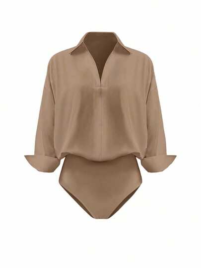 INAWLY Tuta casual da donna taglie forti, monocolore, con spalle scoperte, maniche lunghe e collo alla coreana