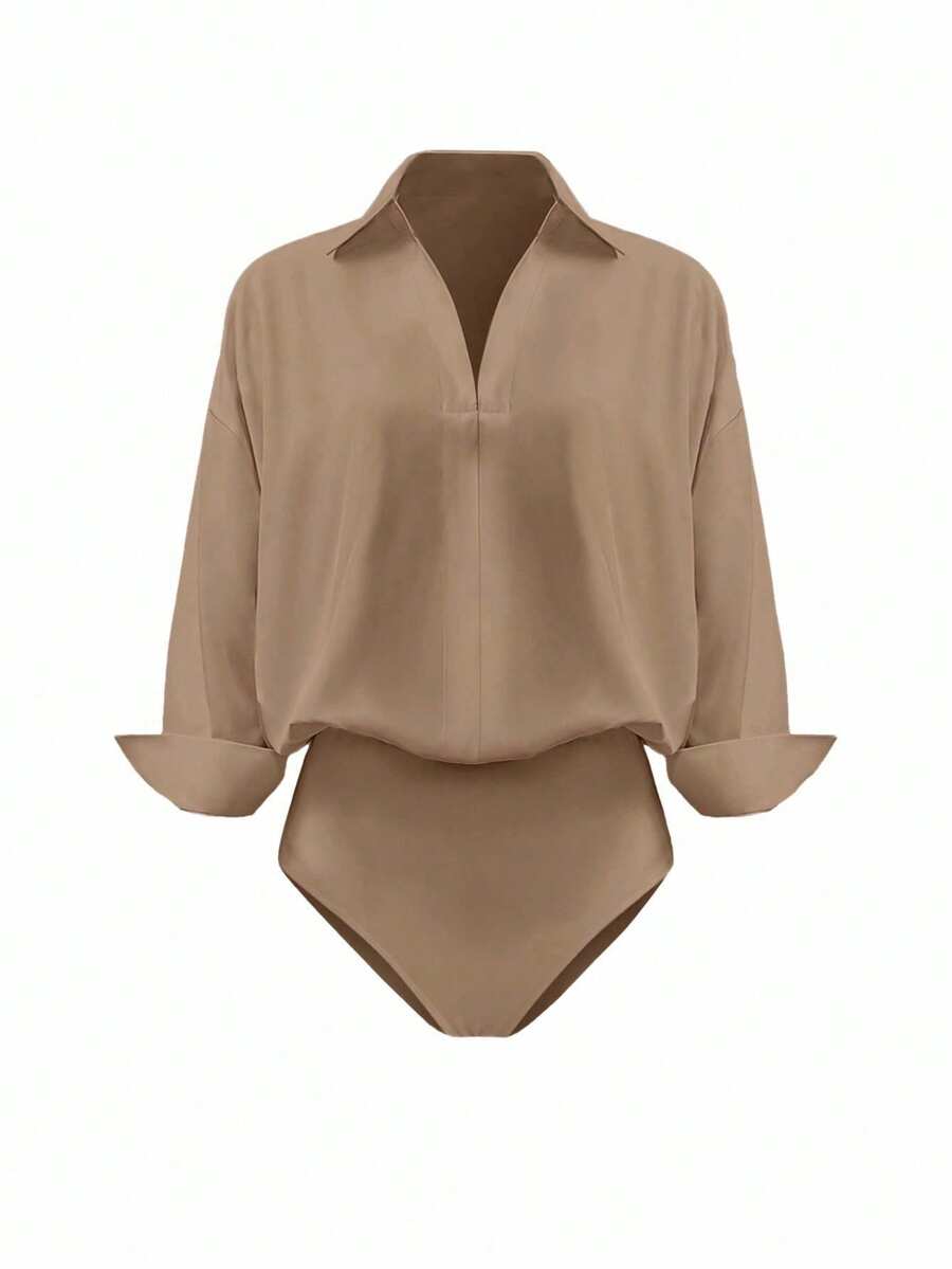 INAWLY Plus Size Women's Solid Color Drop Shoulder Long Sleeve Turndown Collar Casual Bodysuit