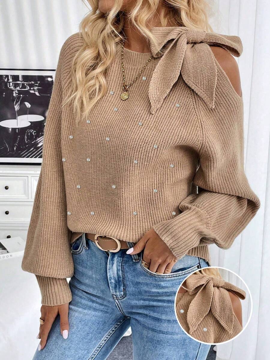 SHEIN LUNE 水钻装饰打结优雅长袖套头衫 - 摩卡棕 - 查看 1