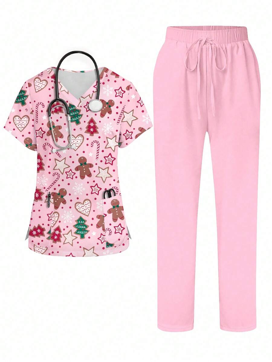 PopScrub Set Seragam Medis Wanita Atasan dan Celana Panjang Lengan Pendek Leher V dengan Motif Kartun Manusia Kue Jahe, Kado, Pohon Natal & Bintang Hati - MultiWarna - View 1
