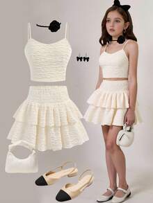 Girlism Tween Girls Spring/Summer T-Shirt Co-Ords - Apricot Jacquard Knit Cami Top With Ruffle Hem And A-Line Cake Skirt With Shorts