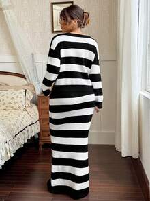 Vionelle Korean Style Striped Plus Size Sweater Set, Sexy Off-Shoulder Knit Top + High Waist Bodycon Skirt 2-Piece Set - Black and White - View 2