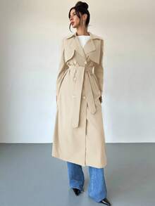 Firerie Women's Elegant Everyday Casual Commuting Office Fashion Navy Blue Long Sleeve Double-Breasted Pocket Cinched Waist Long Trench Coat, Autumn - Beige - View 6