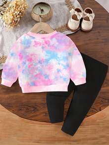 SHEIN 2 件年轻女孩休闲时尚可爱兔子扎染印花圆领运动衫和紧身裤套装，秋冬，甜美可爱的兔子和针线印花连帽衫和黑色紧身裤 2 件套 - 彩色 - 查看 2