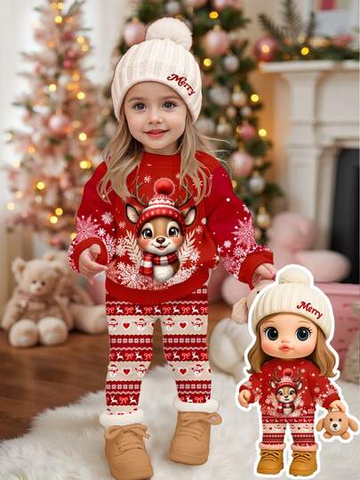 SHEIN Weihnachten, Burgunderrot, süßer Rudolph Rentier, Schneeflocke, Schneemann, Herz Fairisle Muster, Baby Mädchen Lässig Minimalist Bequemer Rundhals Langarm Sweatshirt und Leggings Set, geeignet für Herbst Alltagstragen, Weihnachtsparty, Straßenmode, Zuhause
