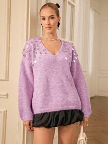 Chiquease Romantic V-Neck Loose Sequin & Rhinestone Embellished Floral Mesh Sweater For Women, Comfortable Pullover - Purple - View 5
