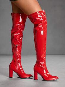 CUCCOO SZL Women's Casual Solid Color Chunky Heel Over-The-Knee Boots For Christmas Spring Shoes - Red - View 4