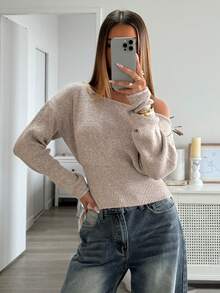 Aloruh 咖啡色斜肩领女士休闲短款针织套头衫女秋冬装 - 杏色 - 查看 5