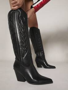 SHUZIA Women Shoes Black Pu Chunky Heel Pointy Toe Women Knee High Boots