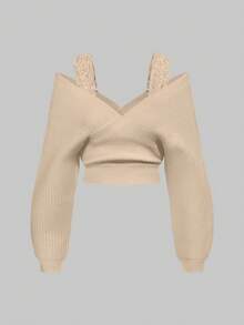 ROMWE Kawaii 1 Set Women Shoulder Strap V-Neck Lace Strap Loose Wide-Leg Pants Comfortable Home Knit Sweater Two Pieces - Camel - View 3