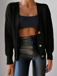 EURMUSE Lockeres Cardigan Mit Fallenden Schultern Und Knöpfen Am Oberteil - Armeegrün - Übersicht 4