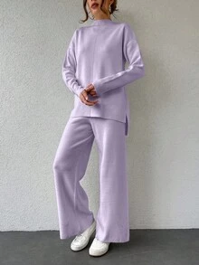 SHEIN Cottnline 2pcs/Set Solid Color Half-High Turtle Neck Drop Shoulder Loose Fit Sweater Set - Mauve Purple - View 3