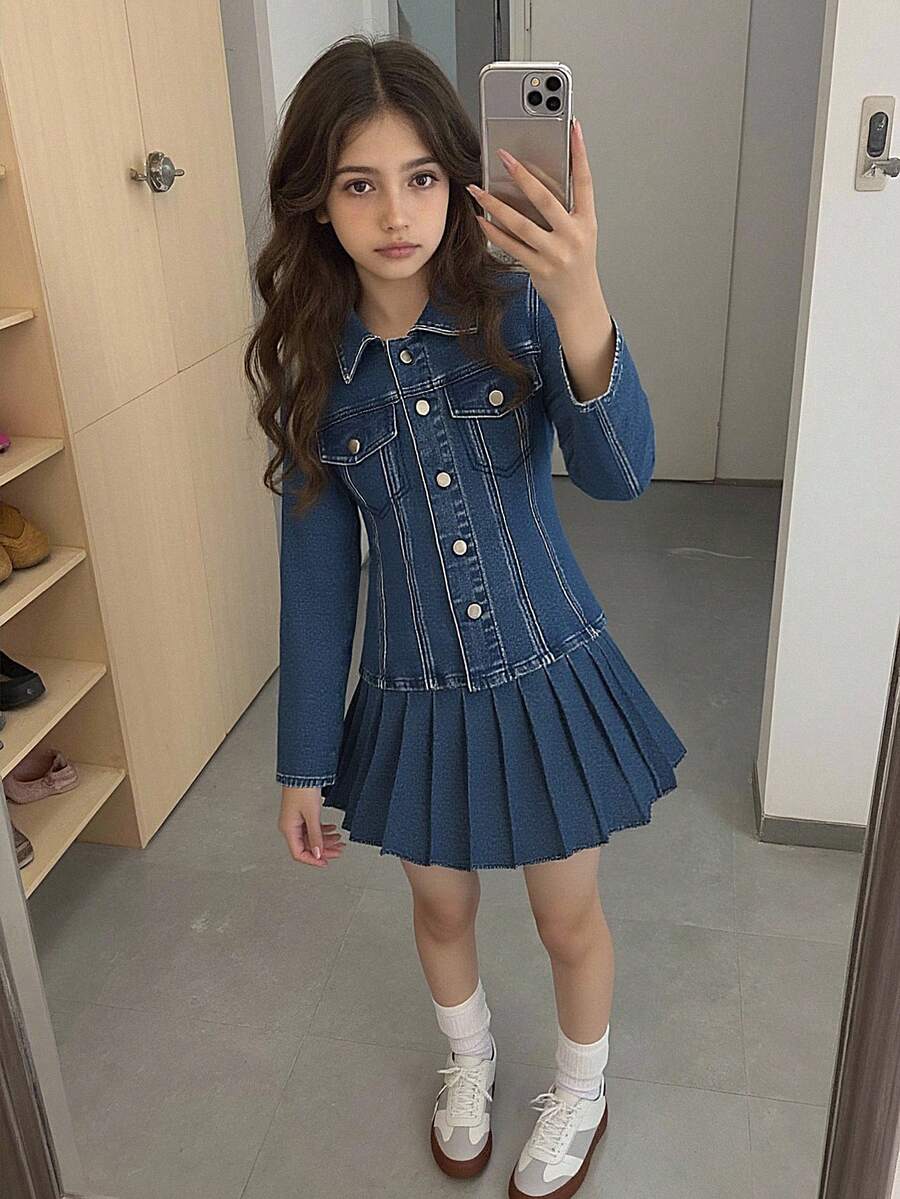 Tween Girls Denim Suit, New Arrival For Autumn/Winter, Deep Blue Denim, Vintage Y2K Outdoor Casual Design, Pleated Skirt With Elastic Waist, Loose Fit Short Skirt, Long Sleeve Fitted Jacket, Essential For Daily, Outdoor, Travel, Party, School Wear - Dark Wash - View 1
