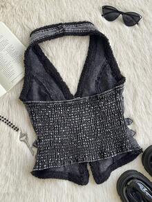 Attitoon Women's Summer Fashion Street Frayed Zip Halter Denim Top Winter Clothes For Women Women Gothic Washed Denim Halter Top With Fur Trim And Buckle Straps Sleeveless Zipper Front Cropped Jean Vest For Edgy Style Halloween Costume Sexy Tops For Women Hoodie Zip-Up Denim Top Women Halter Vest