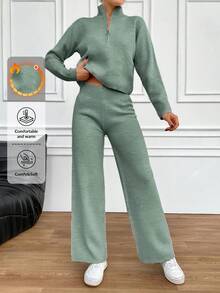 EURMUSE 2pcs Women Sweater Set: Solid Color Zipper Top And Long Pants - Mint Green - View 1