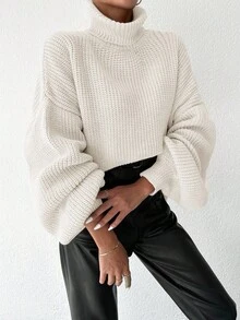 EURMUSE Turtleneck Drop Shoulder Sweater - White - View 4